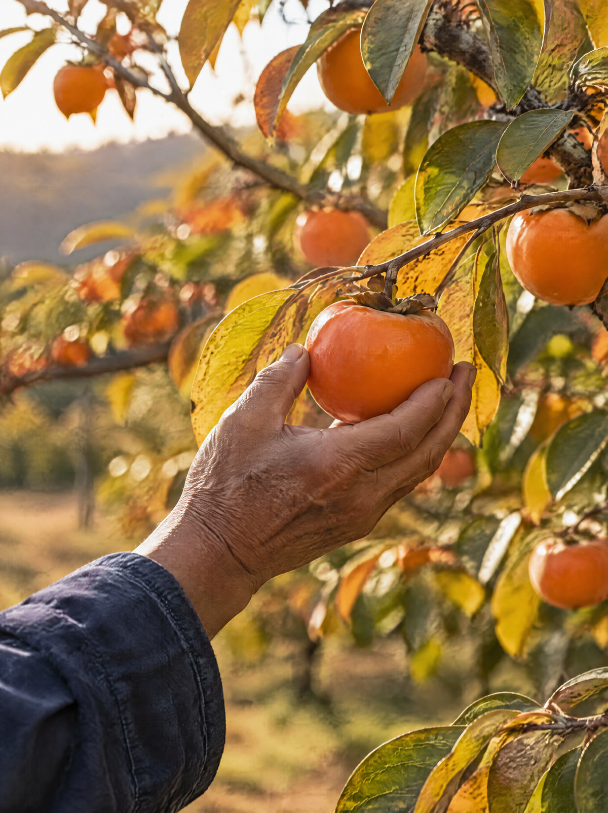 A hand picking a ripe persimmon in Japan