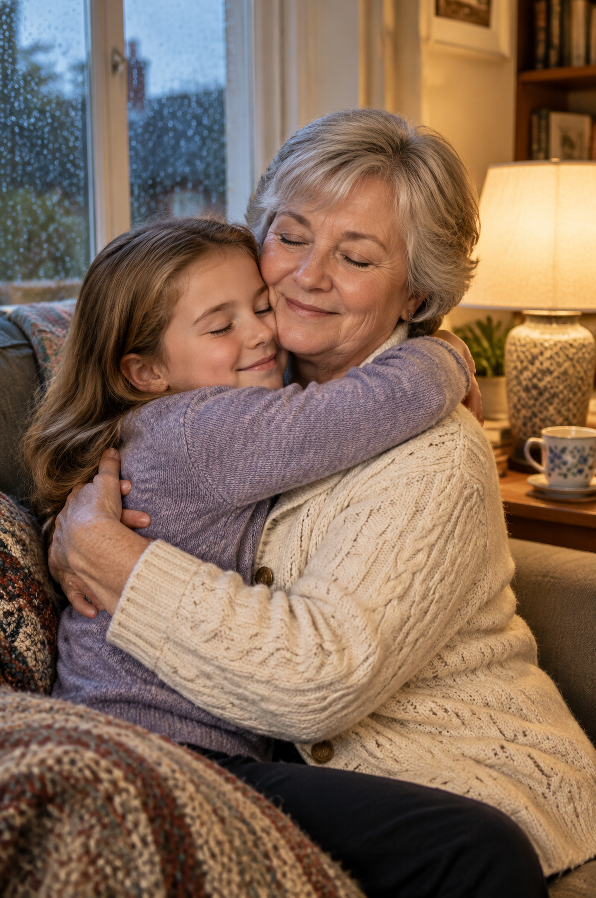A grandmother and her granddaughter in a long hug