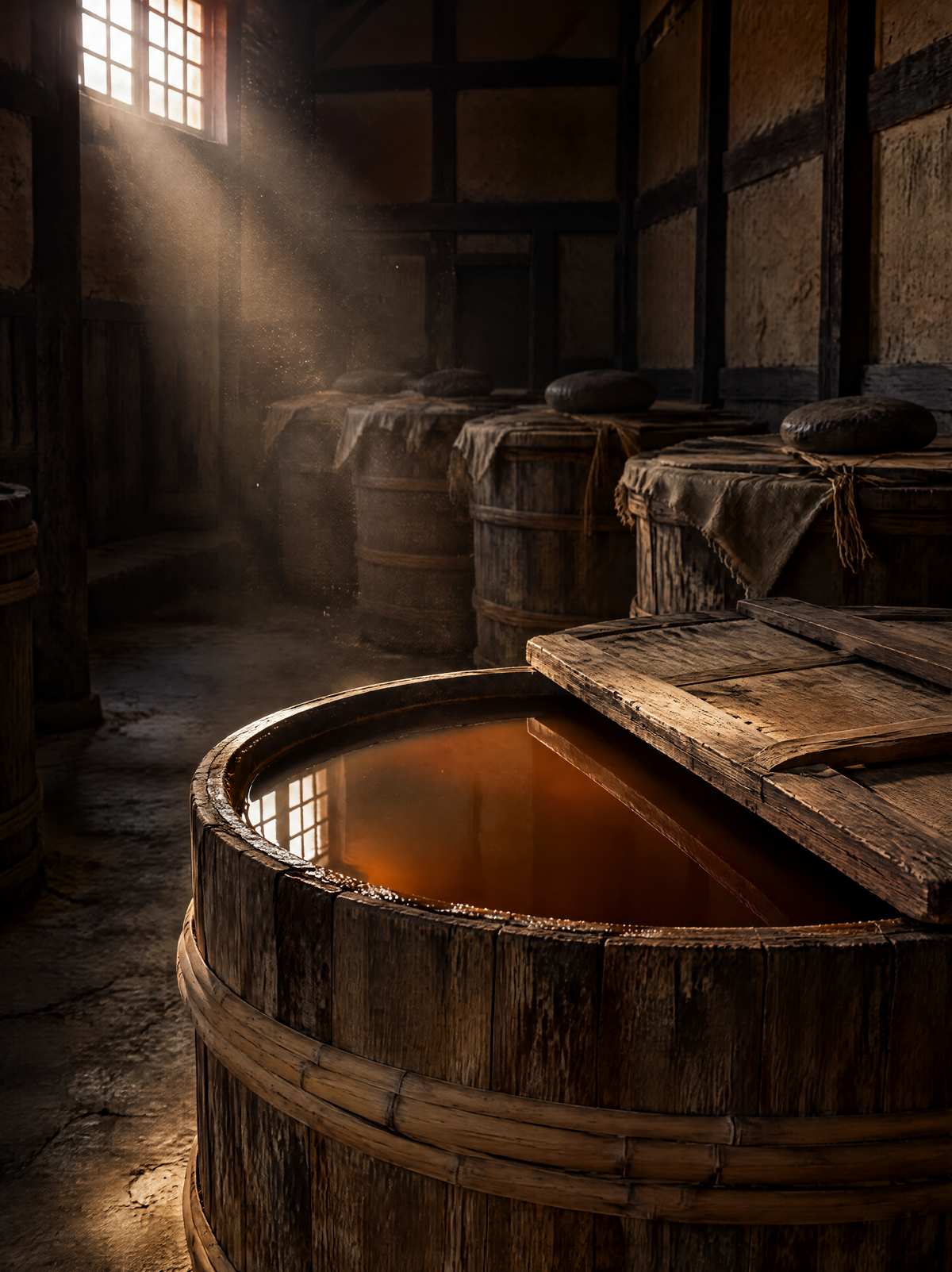 Kakishibu fermenting in cedar barrels