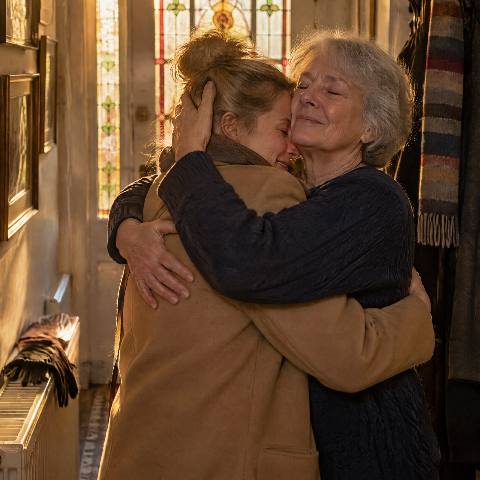 A daughter hugging her mother in the hallway