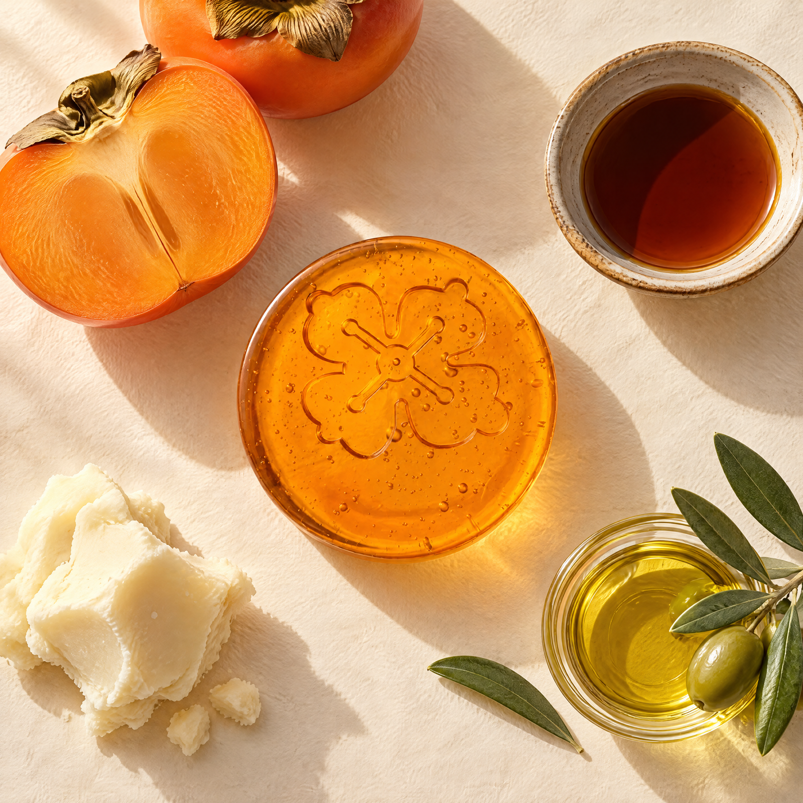The four ingredients: kakishibu, shea butter, olive oil and glycerin