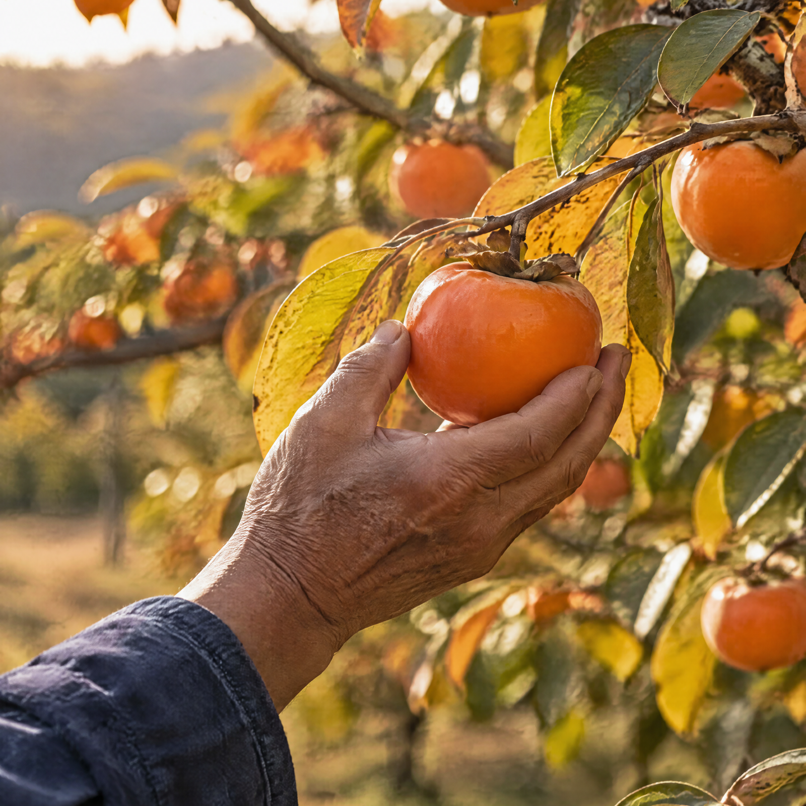 A hand picking a ripe persimmon in Japan
