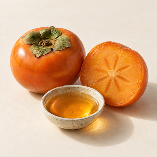 Ripe persimmons and amber kakishibu