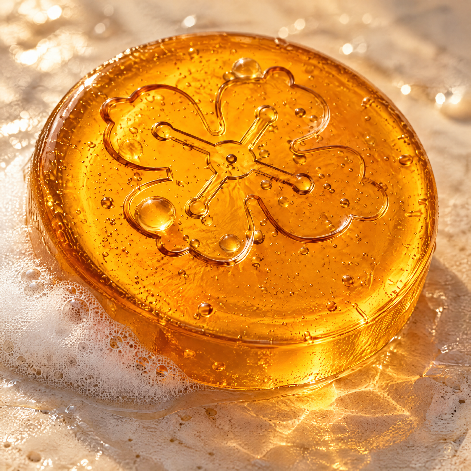 Close-up of the amber Yūhi bar with lather