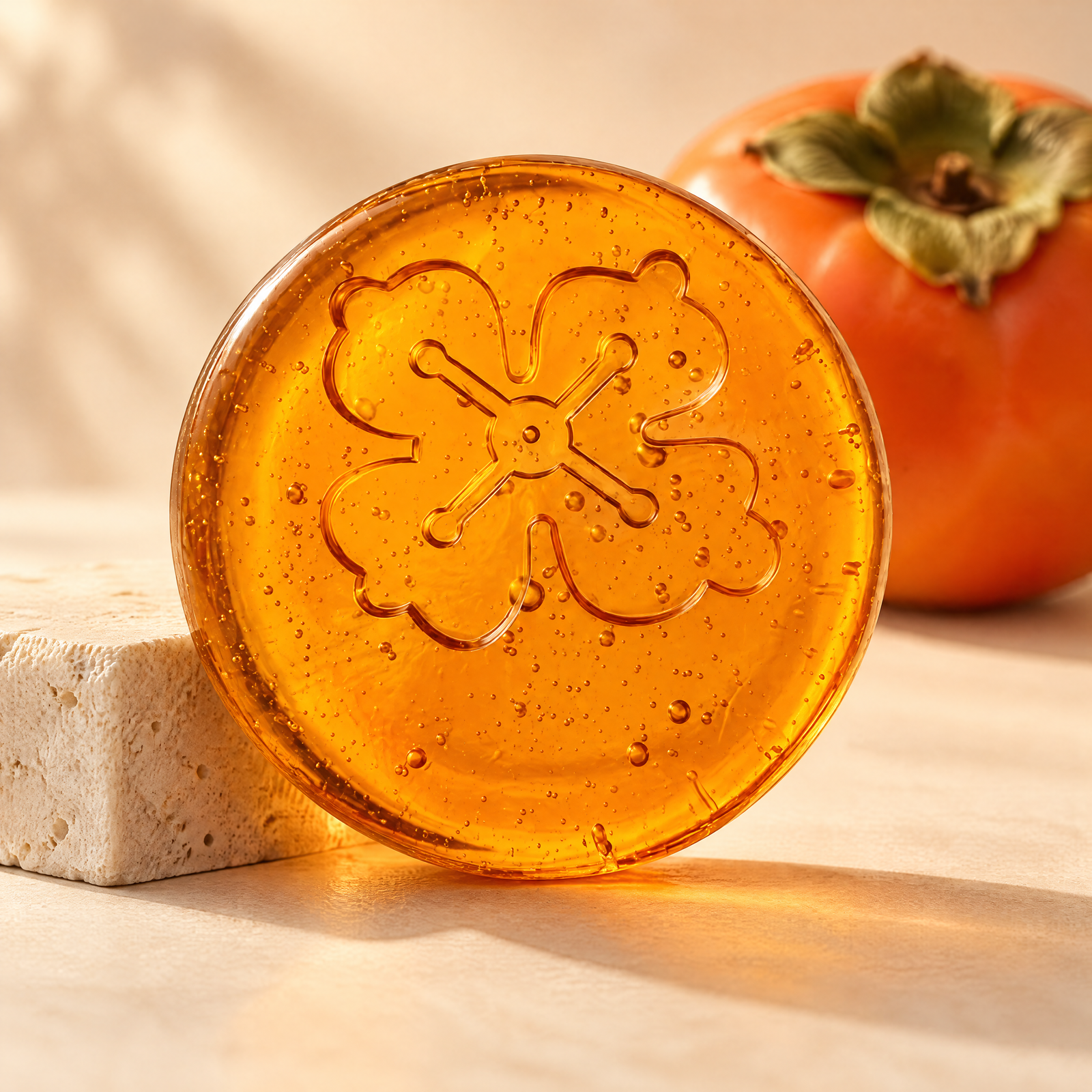 Yūhi Japanese persimmon soap, the amber bar with its persimmon-flower emboss